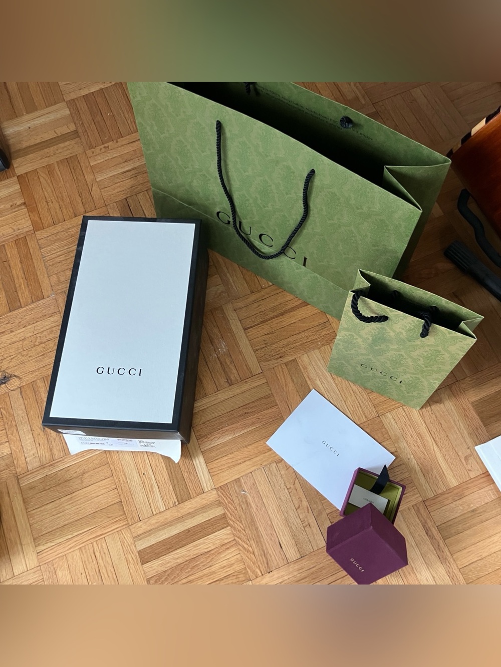 Gucci box 12.5”x4.5”x8”, jewelry box, bags one 18”x14”x6.5”, tissue paper, tags